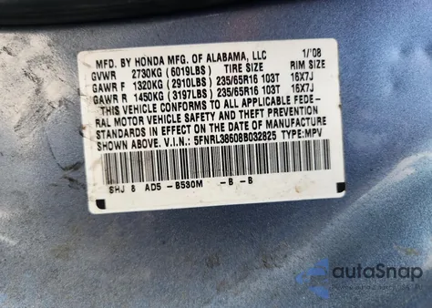 2008 Honda Odyssey Exl from USA, damaged, VIN 5FNRL38608B032825
